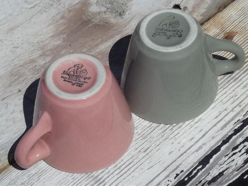 photo of vintage Shenango ironstone china coffee mugs, retro steel grey and pink! #3