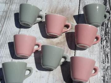 catalog photo of vintage Shenango ironstone china coffee mugs, retro steel grey and pink!