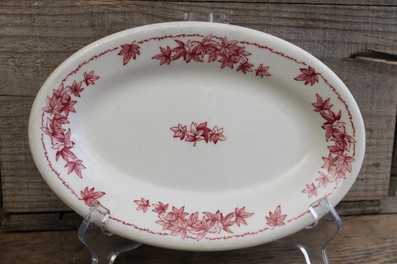 photo of vintage Shenango ironstone china oval plate or butter dish, red transferware leaves print #1