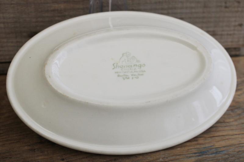 photo of vintage Shenango ironstone china oval plate or butter dish, red transferware leaves print #2