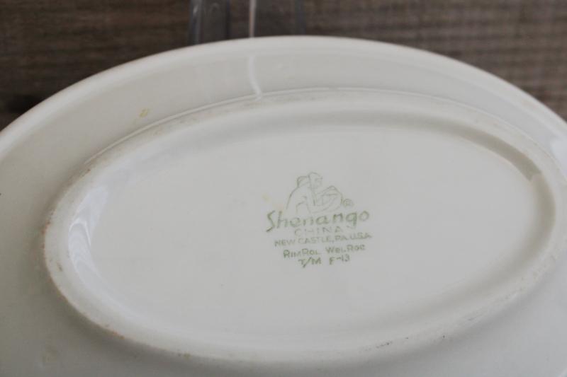 photo of vintage Shenango ironstone china oval plate or butter dish, red transferware leaves print #3