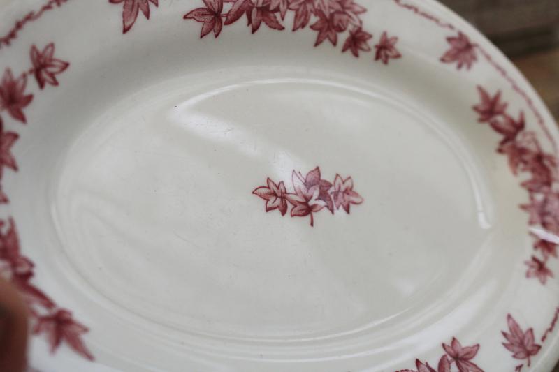 photo of vintage Shenango ironstone china oval plate or butter dish, red transferware leaves print #5