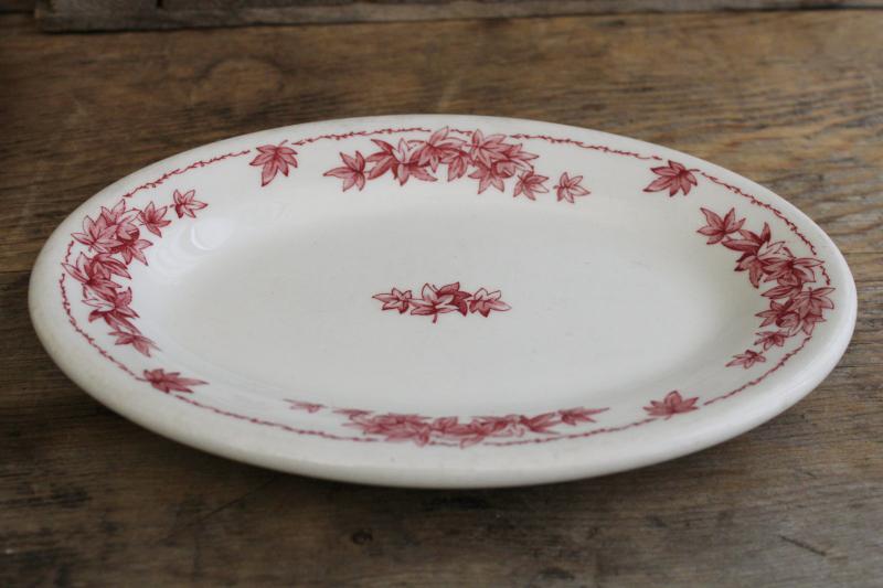 photo of vintage Shenango ironstone china oval plate or butter dish, red transferware leaves print #6