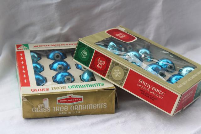 photo of vintage Shiny Brite & Woolworths Christmas ornaments in boxes, blue glass balls #1