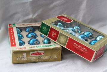 catalog photo of vintage Shiny Brite & Woolworths Christmas ornaments in boxes, blue glass balls