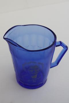 catalog photo of vintage Shirley Temple pitcher, cobalt blue depression glass Hazel Atlas