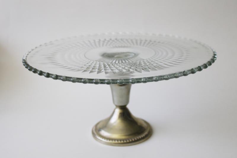 photo of vintage Shrewsbury cake stand, glass plate w/ Duchin nickel silver pedestal #1