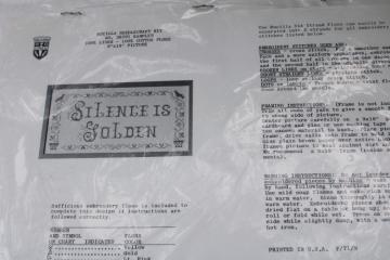 catalog photo of vintage Silence is Golden sealed cross stitch embroidery kit stamped linen w/ floss