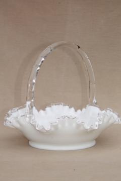 catalog photo of vintage Silver Crest Fenton milk glass brides basket, fruit / flower bowl centerpiece