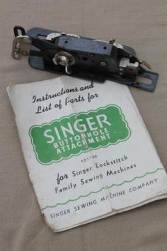 catalog photo of vintage Singer sewing machine buttonhole attachment w/ manual, Singer 121795 buttonholer