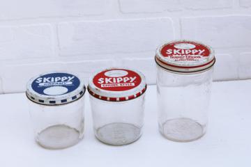 catalog photo of vintage Skippy peanut butter jars w/ red blue metal lids, embossed glass measuring jars lot