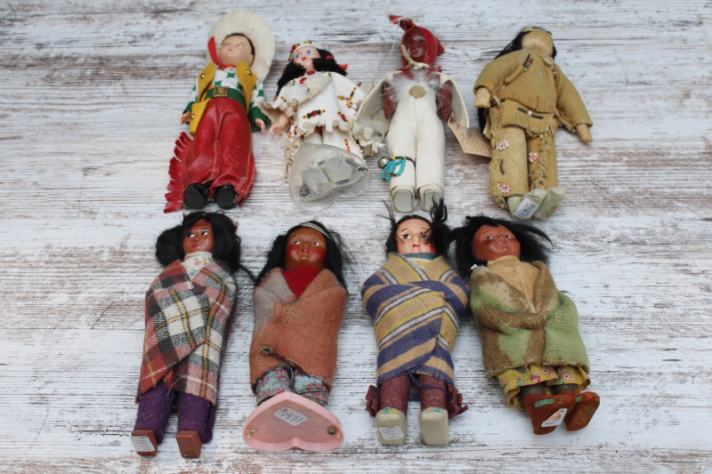 photo of vintage Skookum dolls & other Native American dolls, 1940s & 50s doll collection souvenir Cowboy & Indians lot #1