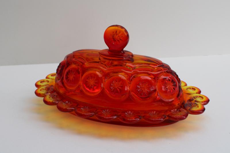 photo of vintage Smith moon & stars amberina glass butter dish, oval plate w/ dome cover #1