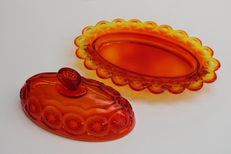 photo of vintage Smith moon & stars amberina glass butter dish, oval plate w/ dome cover #2