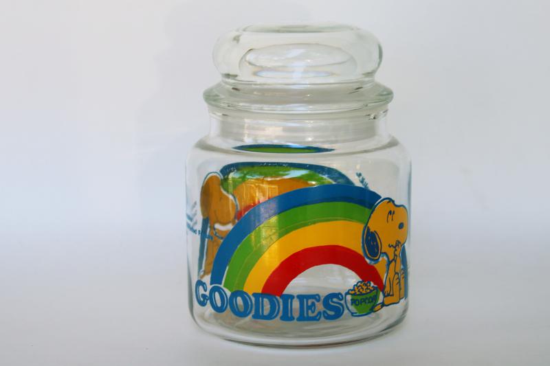 photo of vintage Snoopy Woodstock rainbow print glass Goodies candy jar, small canister #1