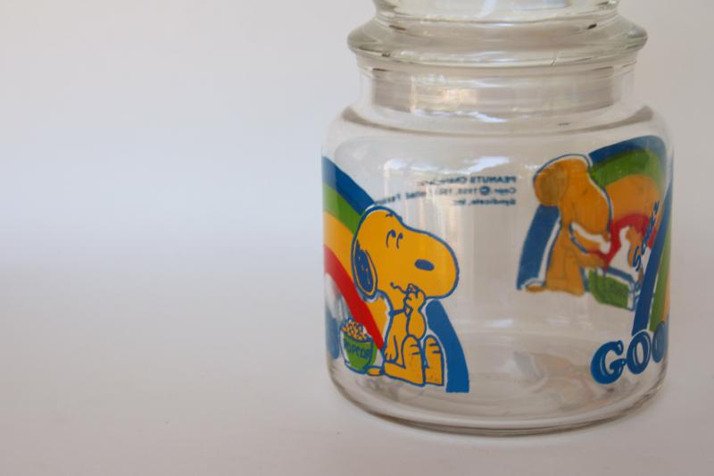 photo of vintage Snoopy Woodstock rainbow print glass Goodies candy jar, small canister #2