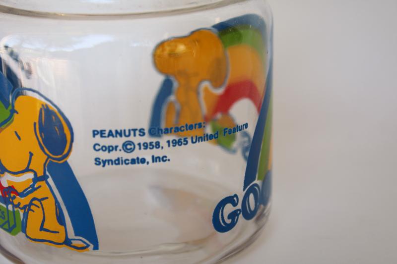 photo of vintage Snoopy Woodstock rainbow print glass Goodies candy jar, small canister #4