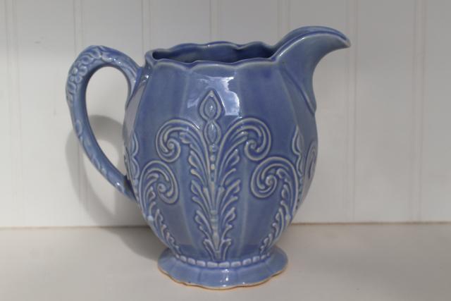 photo of vintage Southern Potteries blue grace embossed pattern pottery pitcher #1