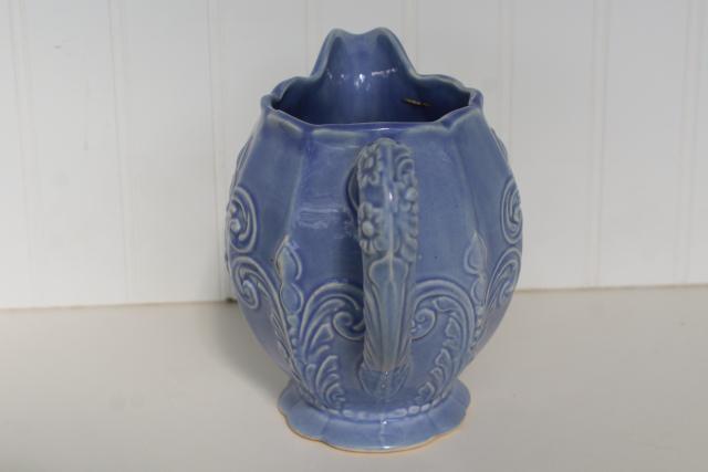 photo of vintage Southern Potteries blue grace embossed pattern pottery pitcher #2