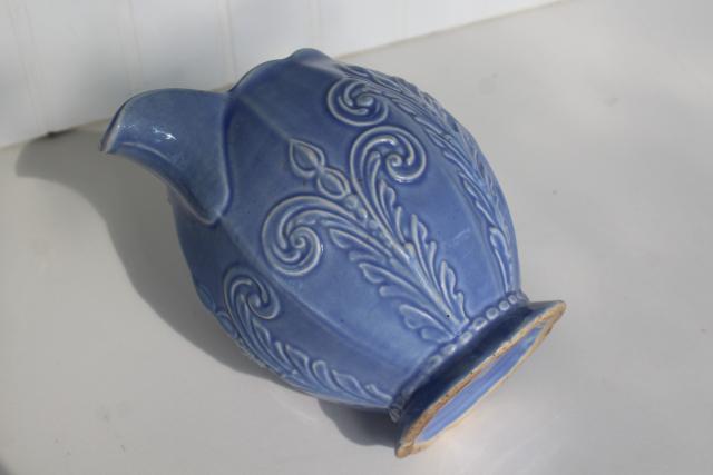 photo of vintage Southern Potteries blue grace embossed pattern pottery pitcher #6