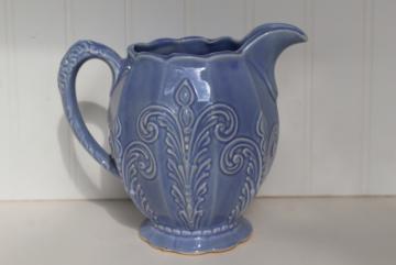 catalog photo of vintage Southern Potteries blue grace embossed pattern pottery pitcher