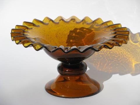 photo of vintage Spain, hand-blown Spanish art glass ruffled bowl, amber glass w/ bubbles #1