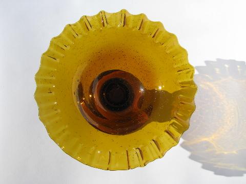 photo of vintage Spain, hand-blown Spanish art glass ruffled bowl, amber glass w/ bubbles #2