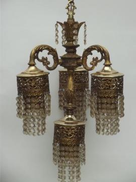 catalog photo of vintage Spanish brass chandelier, waterfall tiered  glass prisms chandelier