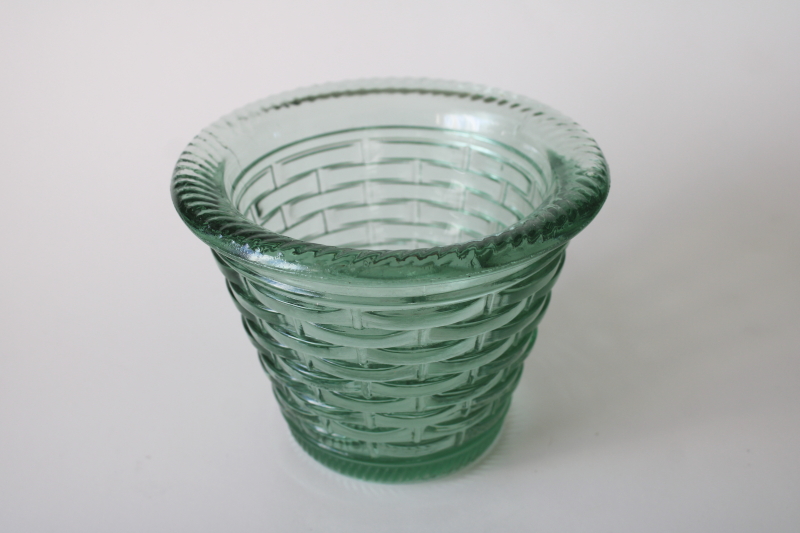 photo of vintage Spanish green recycled glass basket weave flower pot, vase or planter #2