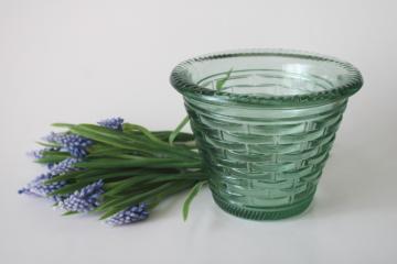 catalog photo of vintage Spanish green recycled glass basket weave flower pot, vase or planter 