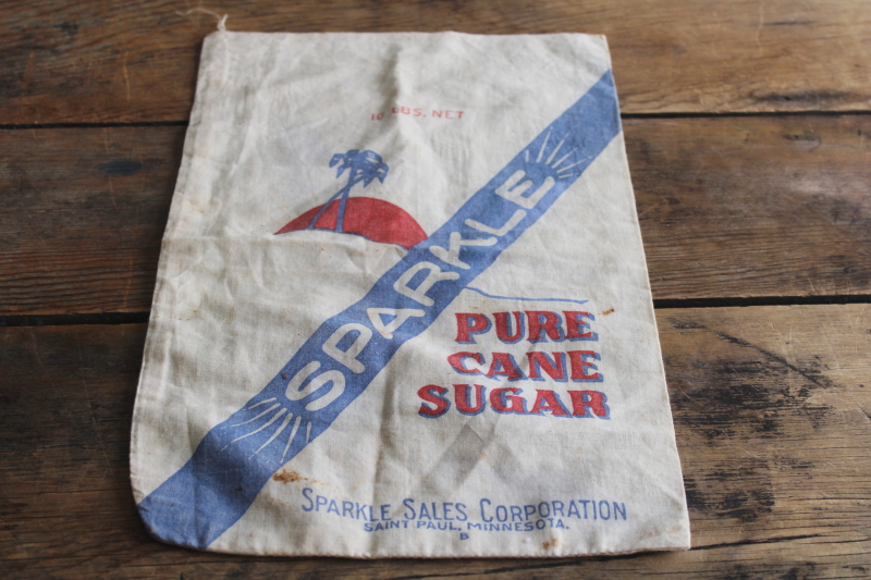 photo of vintage Sparkle brand sugar bag, soft cotton feed sack red & blue print advertising  #1