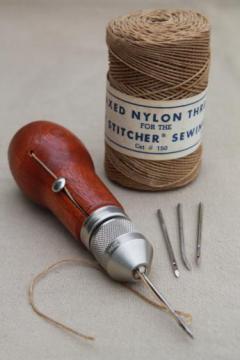 catalog photo of vintage Speedy Stitcher hand sewing awl w/ waxed nylon thread for tents & canvas sails