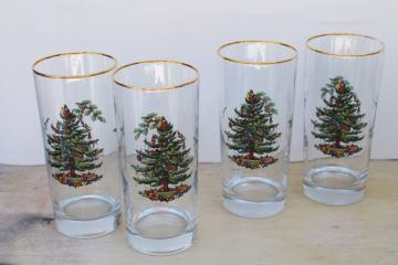 catalog photo of vintage Spode Christmas tree pattern glassware, set of four tall tumblers