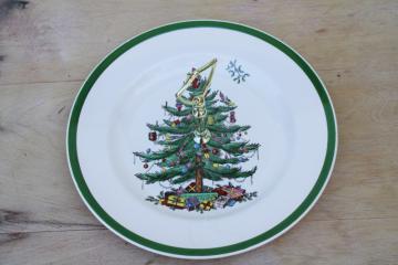 catalog photo of vintage Spode England Christmas tree cake or sandwich plate, round tray w/ center handle
