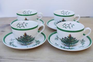 catalog photo of vintage Spode England Christmas tree pattern cups & saucers, four cup & saucer sets