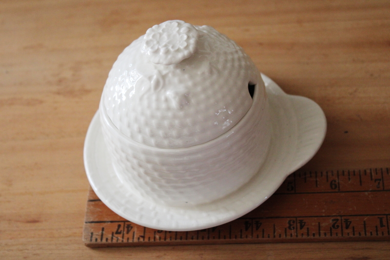 photo of vintage Spode china beehive honey pot, creamware style embossed bee skep shape #5