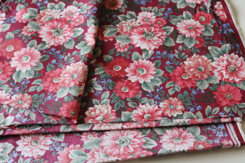 photo of vintage Springs all cotton fabric, polished chintz floral print on burgundy wine, 80s Ralph Lauren style #1