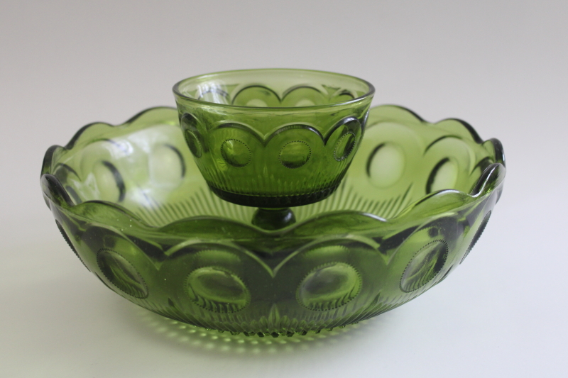 photo of vintage St Genevieve avocado green glass centerpiece or chip & dip bowl  #1