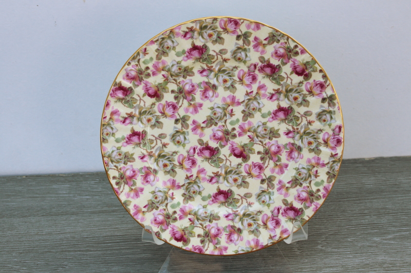 photo of vintage Staffordshire English chintz china plate pink roses floral on yellow #1