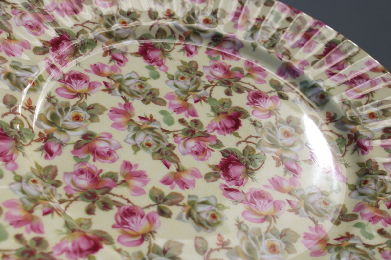 photo of vintage Staffordshire English chintz china plate pink roses floral on yellow #2