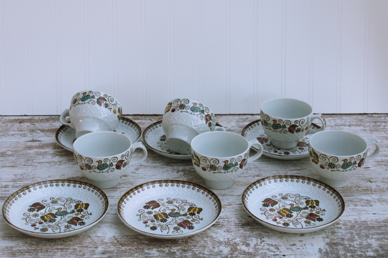 photo of vintage Staffordshire china cups saucers for 6, English Partridge brown multicolor transferware bird pattern #1