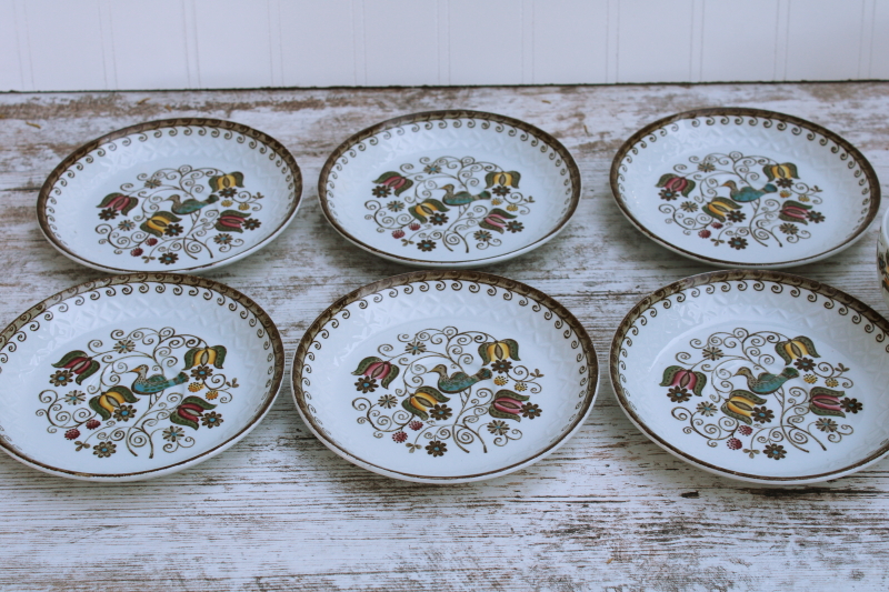 photo of vintage Staffordshire china cups saucers for 6, English Partridge brown multicolor transferware bird pattern #2
