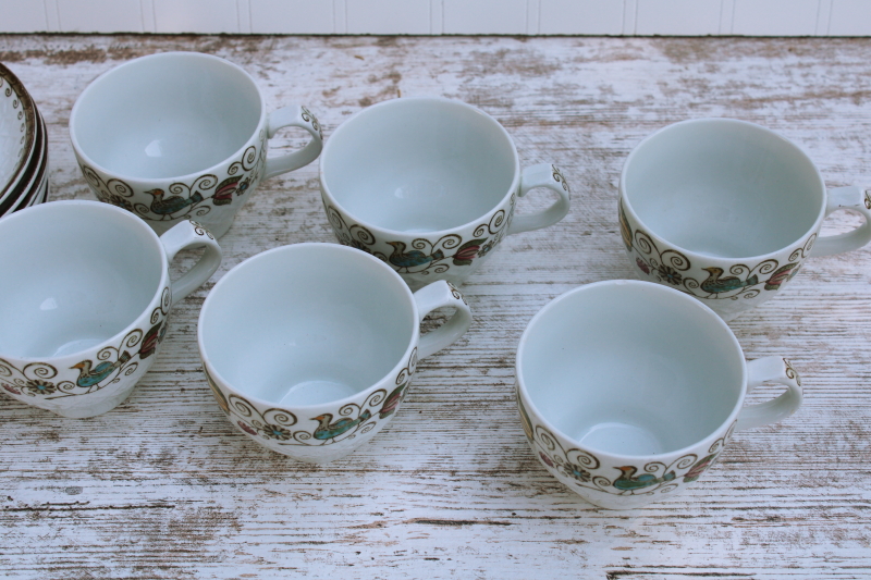 photo of vintage Staffordshire china cups saucers for 6, English Partridge brown multicolor transferware bird pattern #3