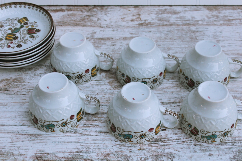 photo of vintage Staffordshire china cups saucers for 6, English Partridge brown multicolor transferware bird pattern #4