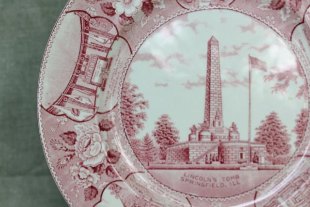 photo of vintage Staffordshire china red transferware plate, souvenir of Lincoln Springfield Illinois #2