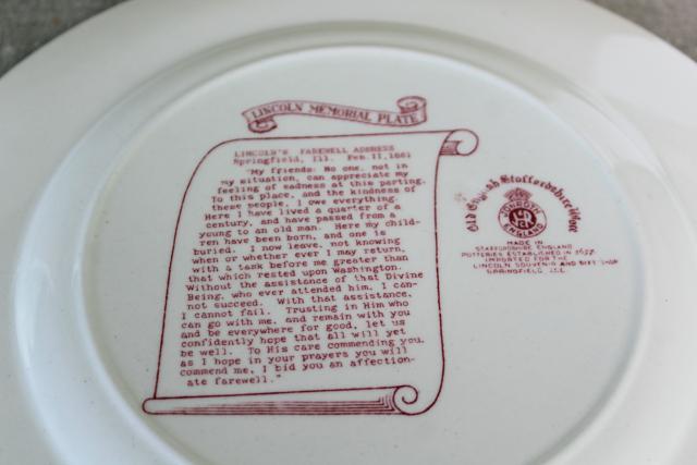 photo of vintage Staffordshire china red transferware plate, souvenir of Lincoln Springfield Illinois #5