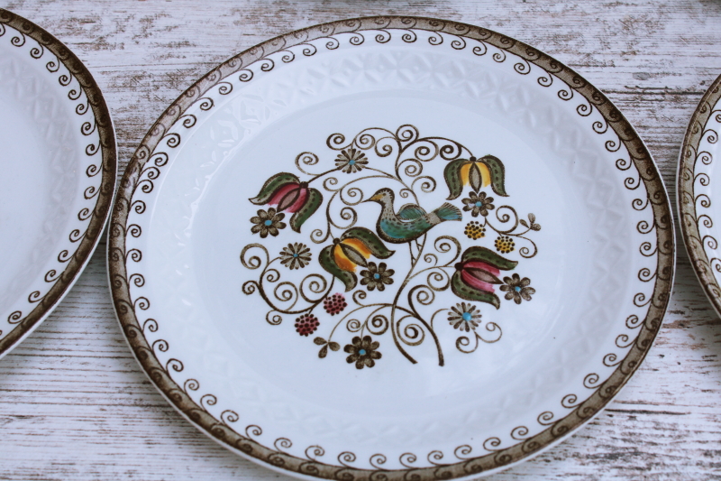 photo of vintage Staffordshire china salad plates set, English Partridge brown multicolor transferware bird pattern #2