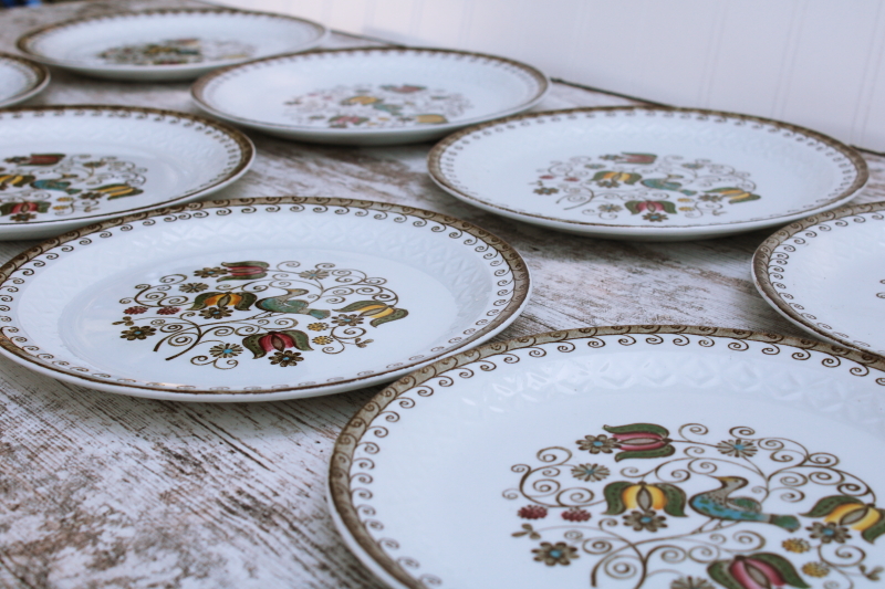 photo of vintage Staffordshire china salad plates set, English Partridge brown multicolor transferware bird pattern #3