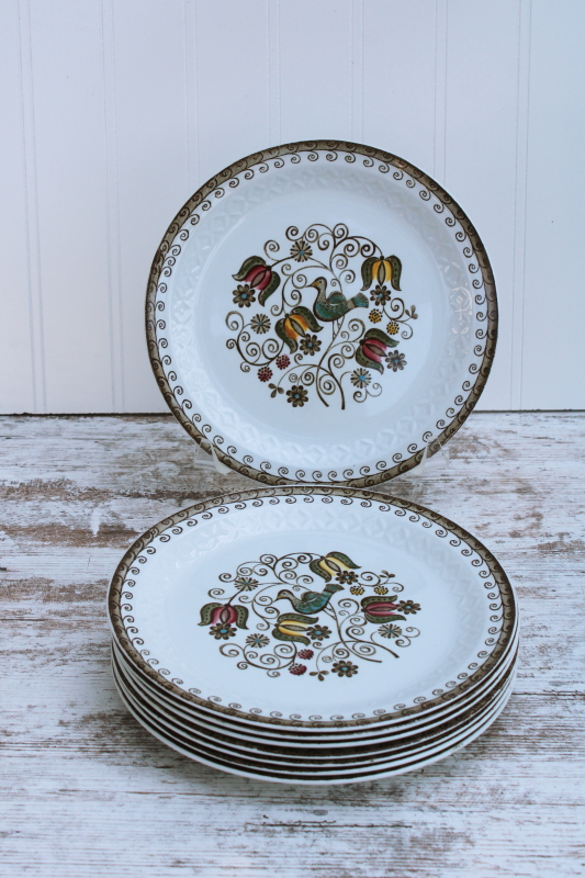 photo of vintage Staffordshire china salad plates set, English Partridge brown multicolor transferware bird pattern #6