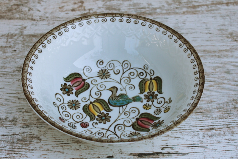 photo of vintage Staffordshire china serving bowl, English Partridge brown multicolor transferware bird pattern #1